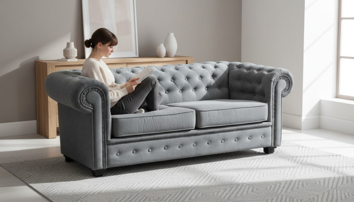 Grise Chesterfield Canapé Rembourrage Meubles Canapés Deux Places Canapés Tissu Textile