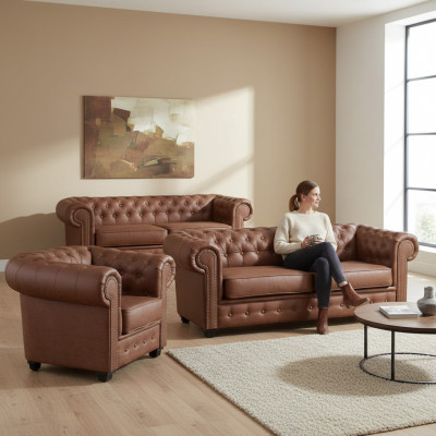 Ensemble de canapés Chesterfield 3+2+1 Salon Mobilier Canapé Suite Tissu Textile
