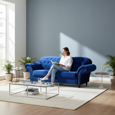 Ensemble canapé Chesterfield 3+2+1 en tissu velours.
