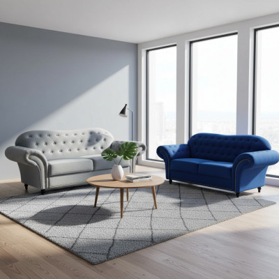 Ensemble canapé Chesterfield 3+2+1 en tissu velours.