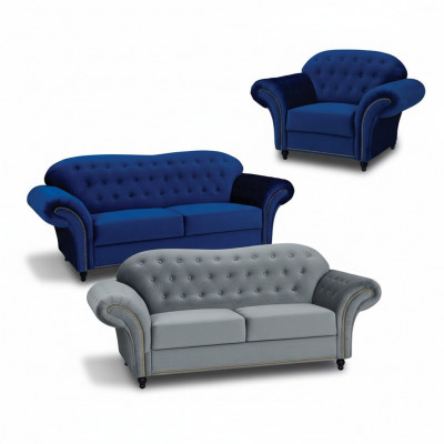 Ensemble canapé Chesterfield 3+2+1 en tissu velours.