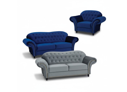 Ensemble canapé Chesterfield 3+2+1 en tissu velours.