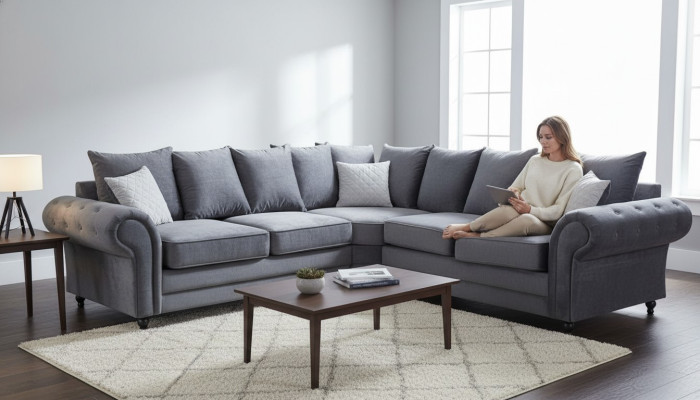 Canapé d'angle moderne Style de canapé Gris Revêtement de canapé en tissu Mobilier en forme de L-Literie