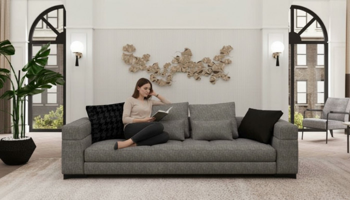 Canapé gris trois places salon mobilier assise cadre en bois collection de canapé
