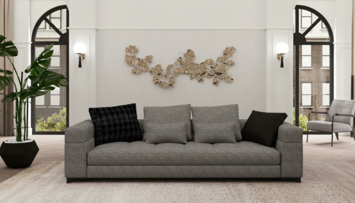 Canapé gris trois places salon mobilier assise cadre en bois collection de canapé