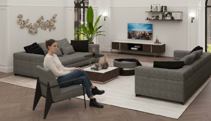 Fauteuil gris pieds en acier inoxydable mobilier moderne de salon fauteuil canapé sofa