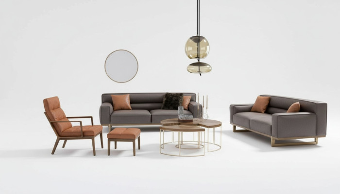 Ensemble de sièges de salon marron luxueux comprenant un fauteuil Stivloller 3 places, une chaise rembourrée.