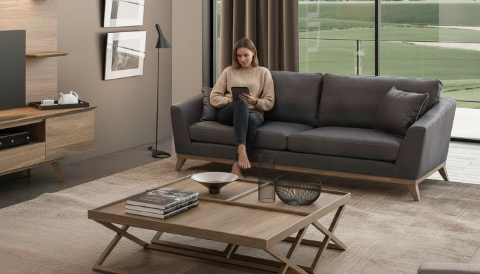 Imitation cuir gris Canapé moderne de salon à trois places Style de canapé mobilier