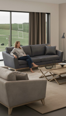 Canapé de salon moderne à trois places, cadre en bois gris, nouveau design de luxe.