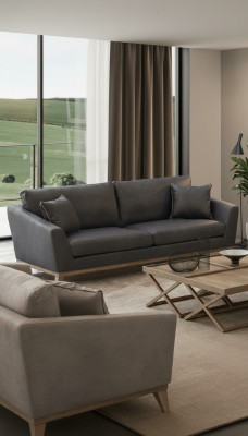 Canapé de salon moderne à trois places, cadre en bois gris, nouveau design de luxe.