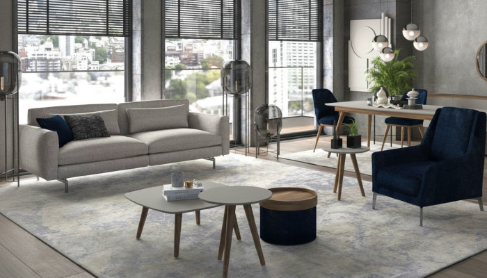 Mobilier de salon gris-noir, fauteuil trois places, ensemble luxueux moderne.