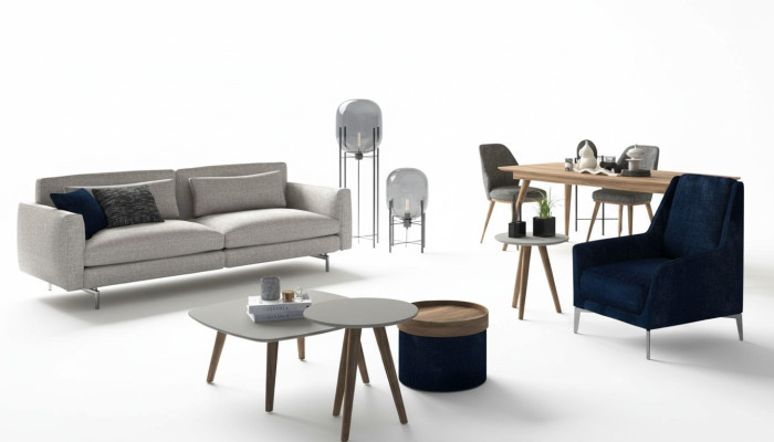 Mobilier de salon gris-noir, fauteuil trois places, ensemble luxueux moderne.