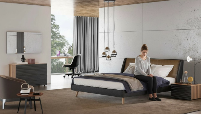 Coiffeuse Noyer Naturel - Miroir Mat Chambre Moderne