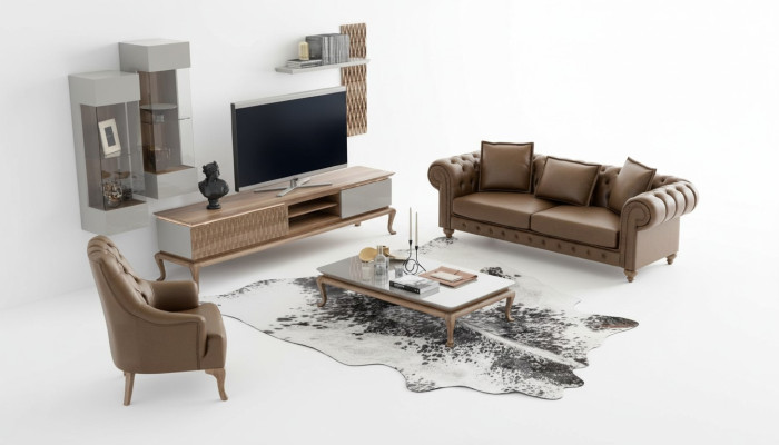 Brun Chesterfield Ensemble de canapés de luxe Moderne Trois places Fauteuil Tissu