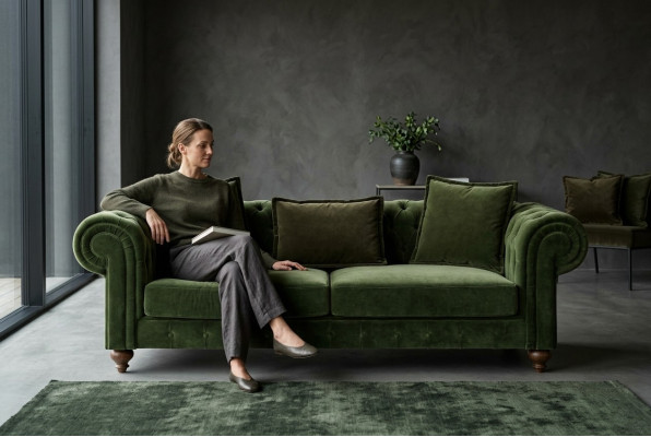 Canapé de luxe vert en tissu Chesterfield trois places de style pour le salon