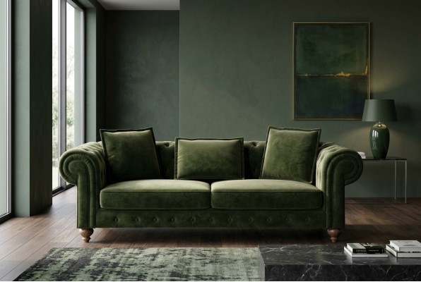Canapé de luxe vert en tissu Chesterfield trois places de style pour le salon