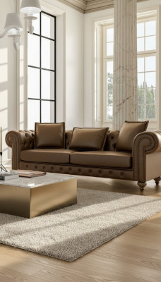 Canapé de salon en cuir luxueux à trois places de couleur marron, style mobilier neuf