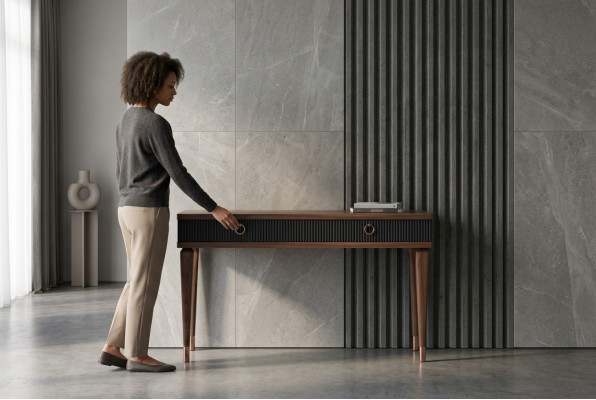 Table console moderne avec tiroirs en noyer naturel de luxe - anthracite