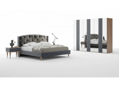 Ensemble de chambre moderne Chesterfield avec lit double designer et tables de chevet.