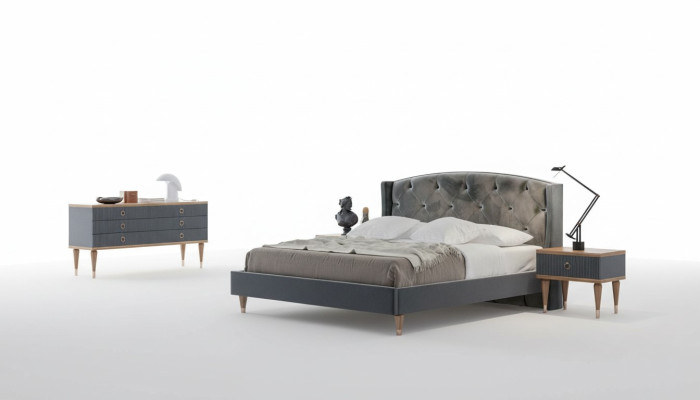 Suite de chambre grise de luxe Ensemble Lit double 2x Tables de chevet Commode
