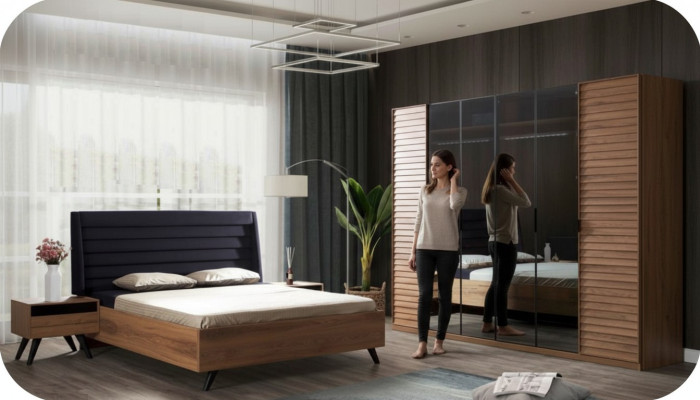 Grand ensemble de chambre à coucher Mobilier de chambre Armoire Lit Tables de chevet