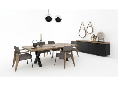 Ensemble de meubles de salle à manger Table à manger Chaises Buffet noyer naturel - anthracite mat