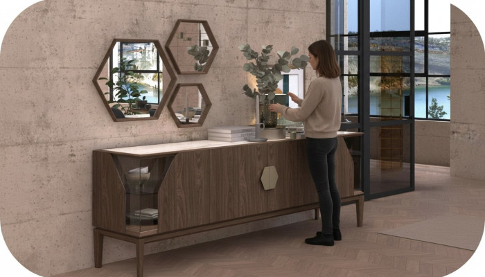 Buffet latéral de luxe marron avec rangements en verre Mobilier de salle à manger Bois