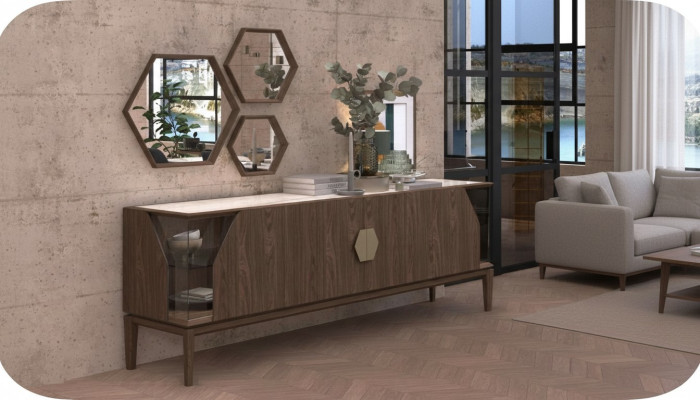 Buffet latéral de luxe marron avec rangements en verre Mobilier de salle à manger Bois