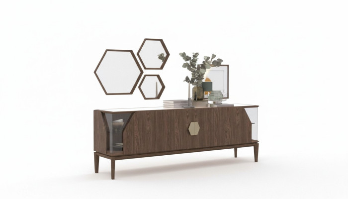 Buffet latéral de luxe marron avec rangements en verre Mobilier de salle à manger Bois