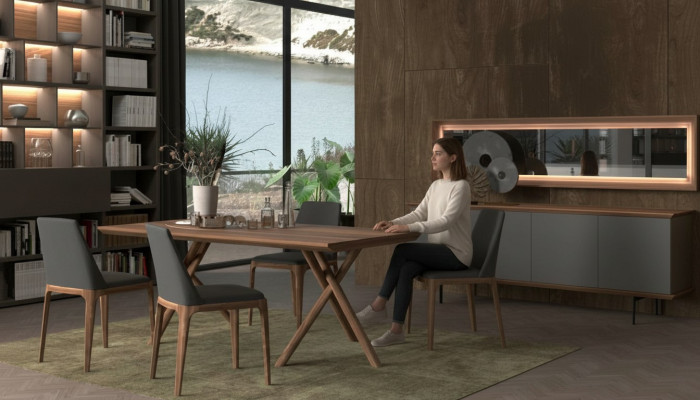 Ensemble de meubles de salle à manger de luxe avec table à manger, chaises, buffet et miroir
