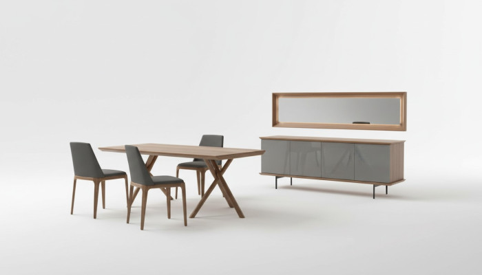 Ensemble de meubles de salle à manger de luxe avec table à manger, chaises, buffet et miroir