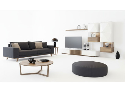Unité murale TV en noyer naturel de luxe blanc moderne, buffet bas, étagères murales