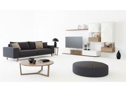 Unité murale TV en noyer naturel de luxe blanc moderne, buffet bas, étagères murales