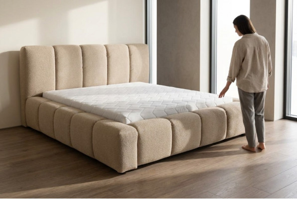 Lit Gris Lit double Chambre en bois Mobilier Design Tissu d'ameublement neuf