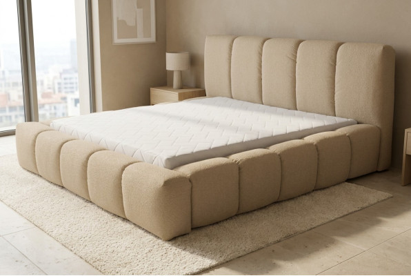 Lit Gris Lit double Chambre en bois Mobilier Design Tissu d'ameublement neuf