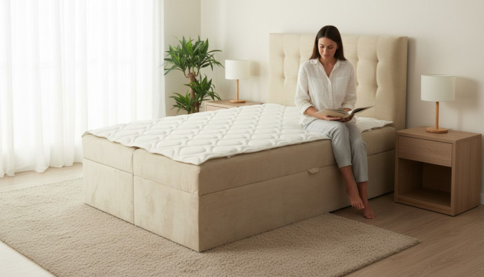Lit Chesterfield Beige Chambre Mobilier Bois Design Élégant Tissu d'Ameublement