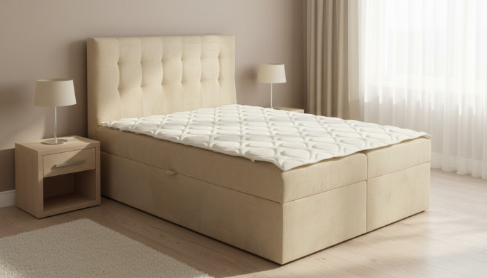 Lit Chesterfield Beige Chambre Mobilier Bois Design Élégant Tissu d'Ameublement