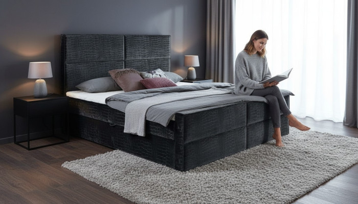 Chic chambre grise, design de meubles en bois élégants, nouveau tissu d'ameublement.