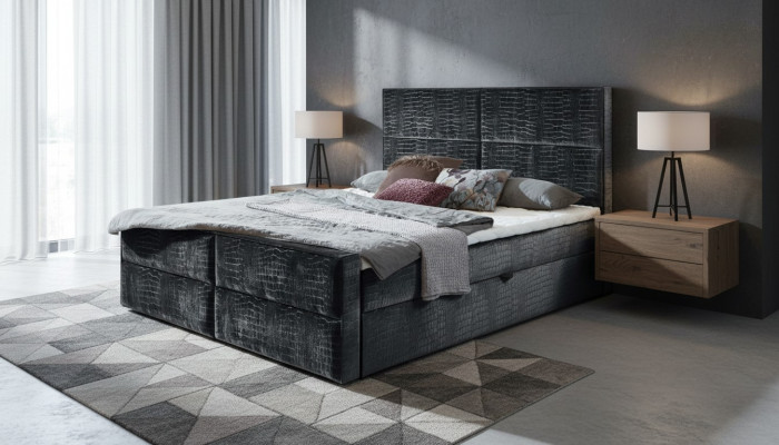Chic chambre grise, design de meubles en bois élégants, nouveau tissu d'ameublement.