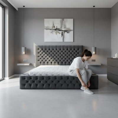 Chesterfield Gris Chambre Double Design de Meubles en Bois Élégant Tissu d'Ameublement