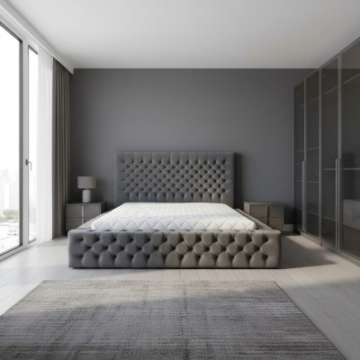 Chesterfield Gris Chambre Double Design de Meubles en Bois Élégant Tissu d'Ameublement