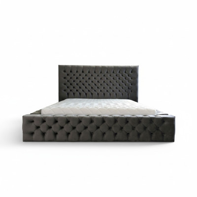 Chesterfield Gris Chambre Double Design de Meubles en Bois Élégant Tissu d'Ameublement