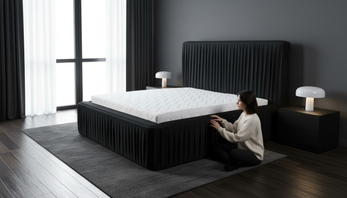Lit double en bois noir, design de meubles élégants, tissu classique, nouveaux meubles.