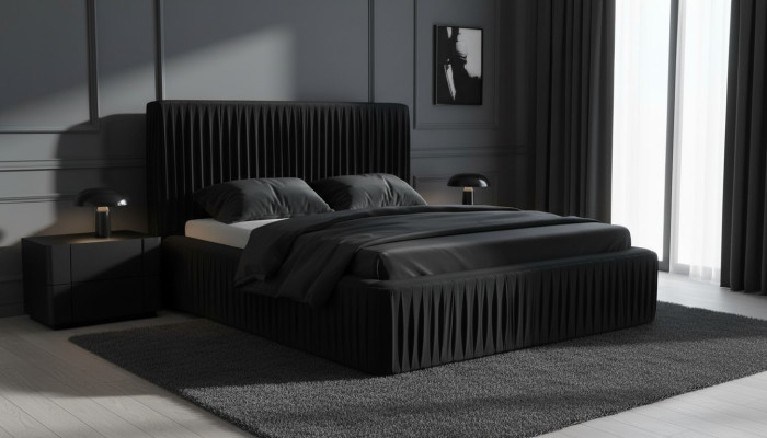 Lit double en bois noir, design de meubles élégants, tissu classique, nouveaux meubles.
