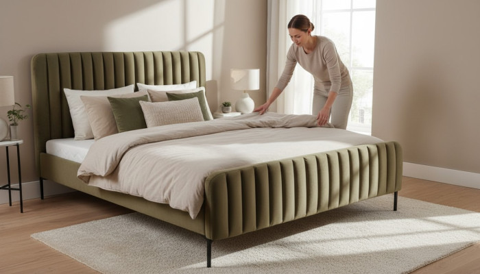 Chambre à coucher double verte, design de meubles en bois, tissu élégant, mobilier classique.
