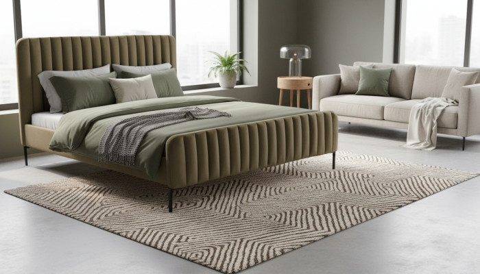 Chambre à coucher double verte, design de meubles en bois, tissu élégant, mobilier classique.