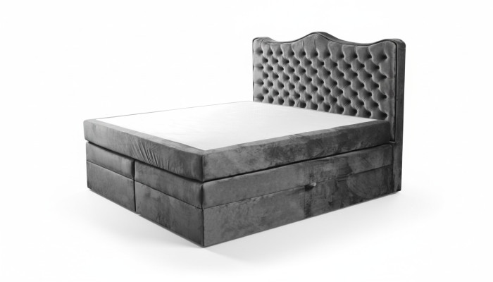 Cadre de lit gris style chesterfield. Design de chambre élégant. Meubles classiques en tissu.