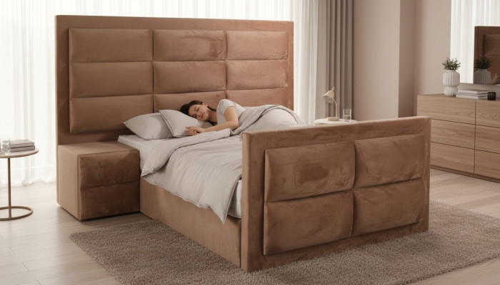 Lit classique en bois marron, design de meubles de chambre élégant en tissu neuf -