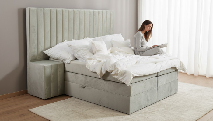Lit double Taupe moderne 2x tables de chevet Boîte de chambre à coucher à ressorts