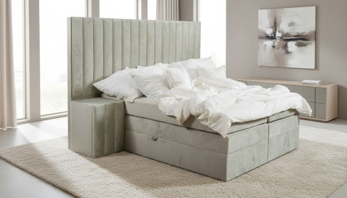 Lit double Taupe moderne 2x tables de chevet Boîte de chambre à coucher à ressorts